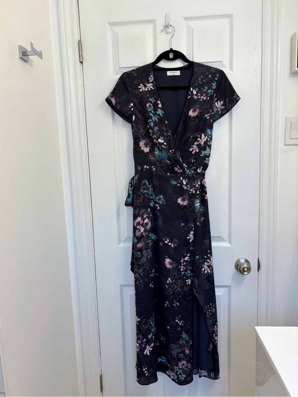 Babaton Black Floral Wrap Dress with Pink and Teal Blossoms